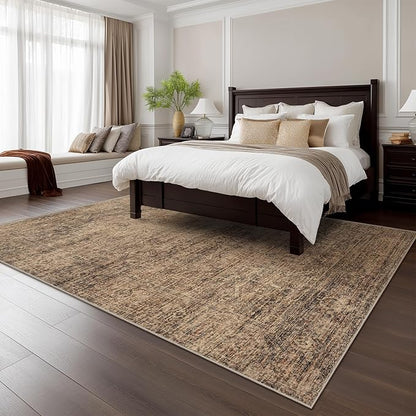 FMFUNCTEX 8x10 Washable Area Rug Rust Brown Vintage Neutral Distressed Oriental Large Non Slip Carpet for Living Room Bedroom Soft Low Pile Indoor Mat Retro Rug for Dining Room Kitchen Office Nursery