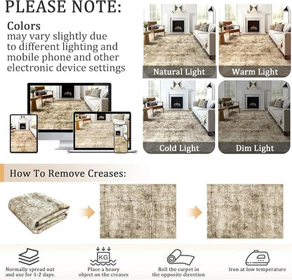 4x6 Machine Washable Area Rug for Living Room, Brown Modern Vintage Abstract Rug Large Non-Slip Low Pile Soft Faux Wool Carpet, Kids and Pets Friendly for Bedroom Dining Room Farmhouse Home Decor Rug