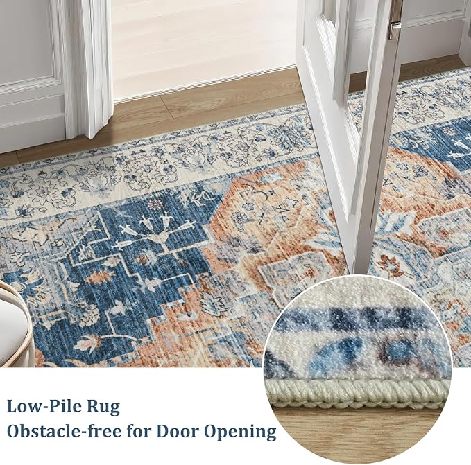 Large Area Rugs 8x10, Low Pile Washable Rugs, Soft Vintage Distressed Rugs for Living Room Bedroom, Office, Dining Room, Water Repellent & Non Shedding, Blue and Orange