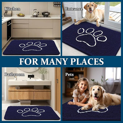OLANLY Dog Door Mat for Muddy Paws 48x30, Paw Print Design, Absorbs Moisture and Dirt, Absorbent Non-Slip Washable Doormat, Quick Dry Chenille Mud Mat for Dogs, Entry Indoor Entryway Carpet, Navy Blue