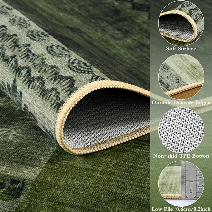 DweIke Large Modern Washable Area Rugs 8x10, Living Room Rug Non-Slip and Non-Shedding Large Rugs for Bedroom, Low Pile Indoor Rubber Backed Carpets for Dining Office Home Decor, Green