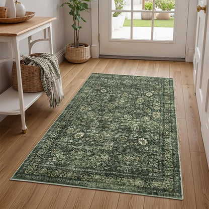 Morebes Vintage Throw Rugs, 3x5 Washable Rug Non Slip, Soft Area Rug for Bedroom, Distressed Non-Shedding Floral Rug for Entryway Bathroom Kitchen Foyer Bedside Playroom Christmas Decor,Dark Green