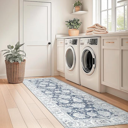 jinchan Fiora Runner Rug 2x6 Machine Washable Hallway Rug Dark Blue Vintage Floral Print Non-Slip Low Pile Ultra-Thin for Kitchen, Entryway, Laundry Room, Bedroom, Farmhouse (2‘x6’, Dark Blue)