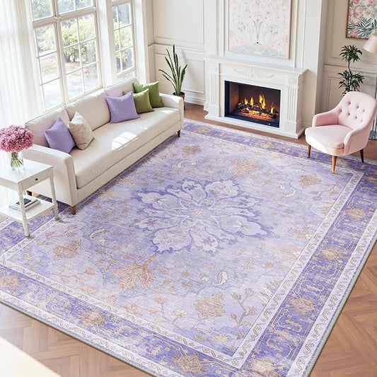 Area Rugs 9'x12' Washable Non-Slip, Floral Vintage Distress Print Pattern Medallion Carpet for Living Room Bedroom Dining Room, Light Purple Brown