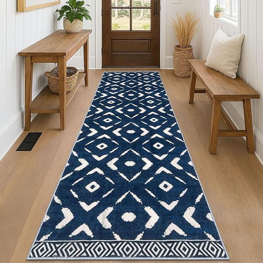 KILOCOCO Hallway Runner Rug 2.6'x8' Runners for Hallways Washable Runner Soft Non Slip Printed Geometric Low-Pile Rugs Runners for Bedroom Kitchen Living Room Boho Rugs, Blue