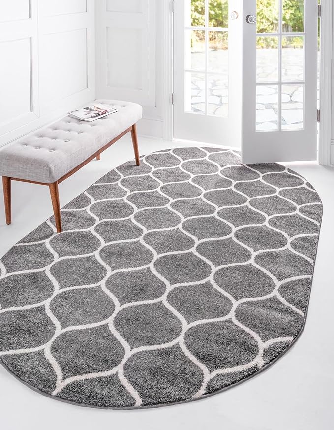 Rugs.com Lattice Frieze Collection Rug – 5' x 8' Oval Dark Gray Medium Rug Perfect for Living Rooms, Large Dining Rooms, Open Floorplans