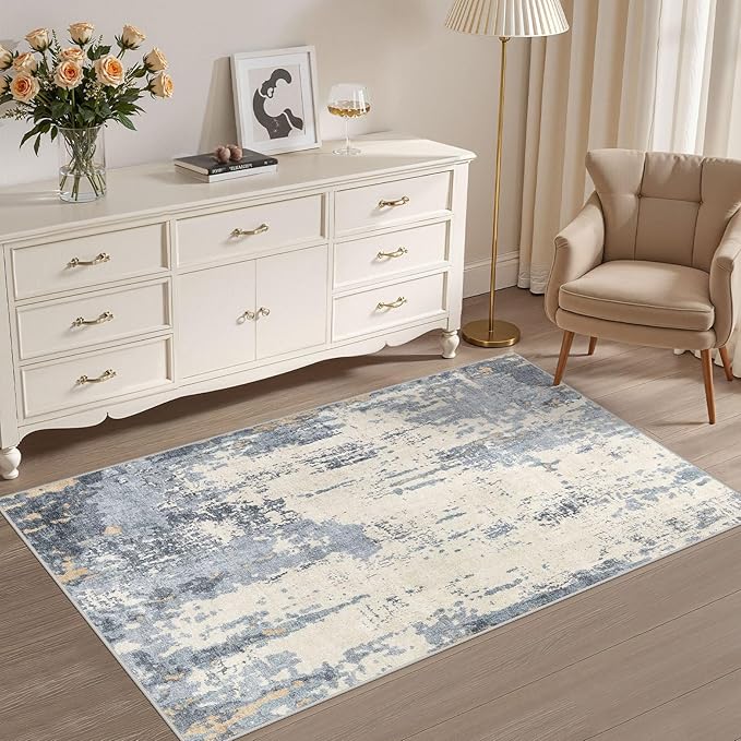 3x5 Area Rug Living Room Rugs - Washable Neutral Modern Abstract Soft Thin Rug Indoor Floor No Slip Rug Carpet for Bedroom Under Dining Table Home Office Decor - Blue/Light Brown