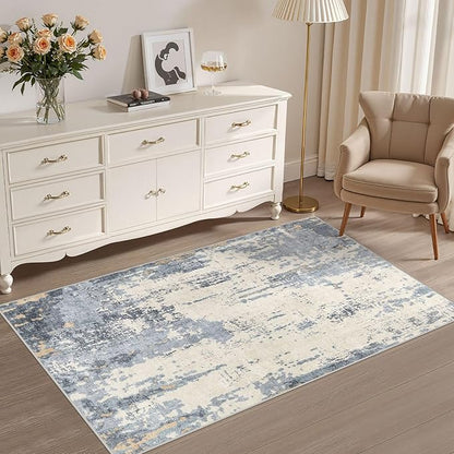 3x5 Area Rug Living Room Rugs - Washable Neutral Modern Abstract Soft Thin Rug Indoor Floor No Slip Rug Carpet for Bedroom Under Dining Table Home Office Decor - Blue/Light Brown