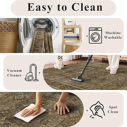 HelloTree 2x3 Entryway Rug Washable Vintage Print Door Mat Kitchen Rugs for Front Door Bedroom Living Room Entrance Small Soft Traditional Distressed Carpet Folable for Room Bedside-Brown