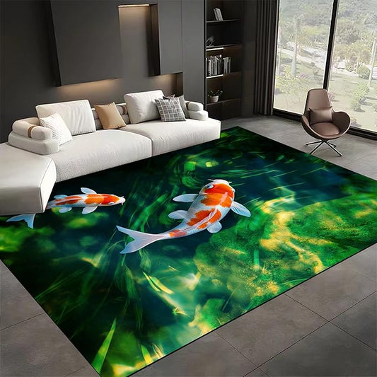 Green Pond Koi Fish Area Carpet, 5x7ft, 3D Realistic Underwater Koi Printed Carpets, Chinese Natural Landscape Soft Low Pile Rug, with Non Slip Backing Pet Friendly Rugs for Entryway