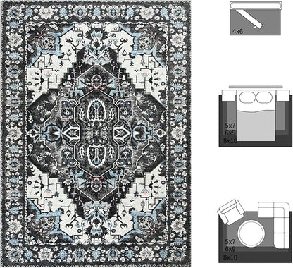 Beglad Area Rugs 4x6 for Living Room, Bedroom, Washable Vintage Rugs -Low Pile Soft Distressed Rugs for Kitchen, Dining Room, Non Shedding, Black and Blue