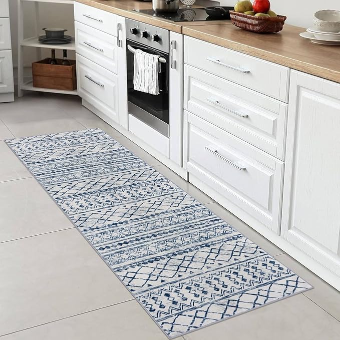 KUTA Moroccan Washable Runner Rug, 2x6 Non-Slip Vintage Blue White Boho Hallway Kitchen Rugs Ultra Soft Distressed Geometric Floor Carpet Runners for Bedroom Laundry Living Room