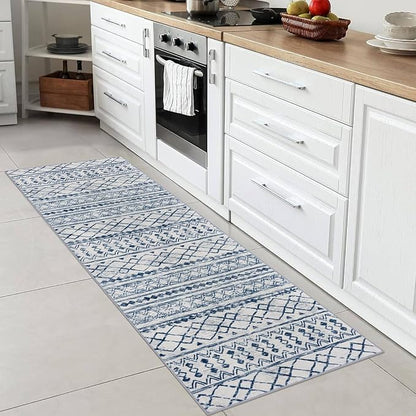 KUTA Moroccan Washable Runner Rug, 2x6 Non-Slip Vintage Blue White Boho Hallway Kitchen Rugs Ultra Soft Distressed Geometric Floor Carpet Runners for Bedroom Laundry Living Room
