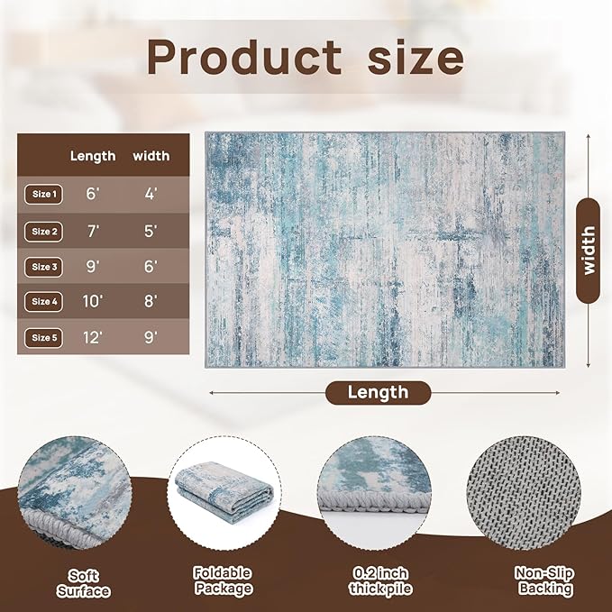 Abstract 9x12 Area Rug Washable Soft Large Non-Slip Carpet for Living Room Dining Room Home Office Bedroom - Abstract Teal/Grey