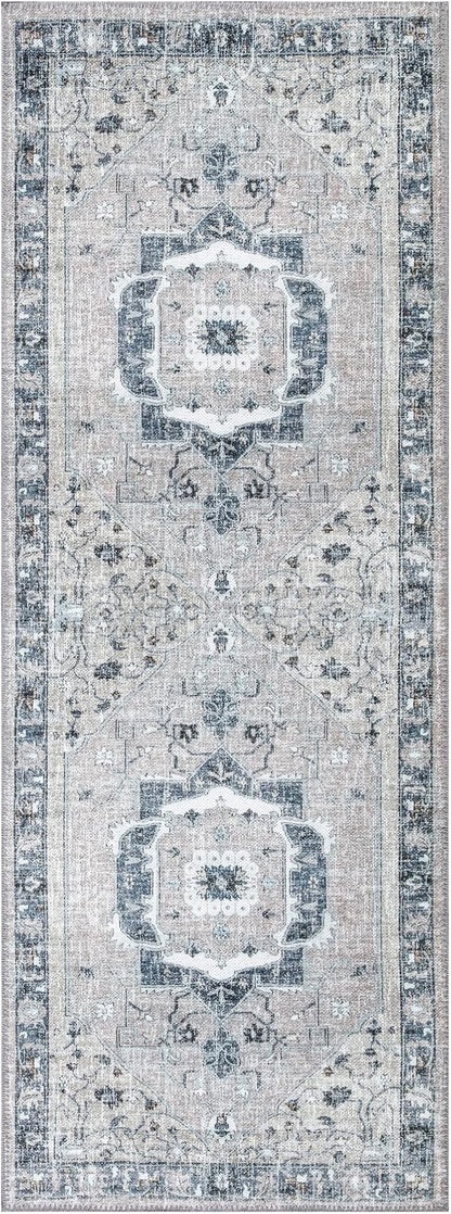 Bloom Rugs Washable Non-Slip 12 ft Runner - Pebble Gray/Blue Traditional Medallion Runner for Entryway, Hallway, Bathroom, and Kitchen - Exact Size: 2.5' x 12'
