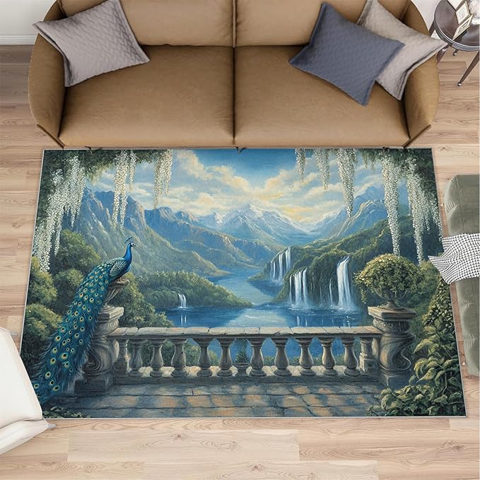 Peacock Rug Small - 2x3 Rug, Peacock Decor Washable Rugs for Living Room, Nature Waterfall Carpet, Natural Landscapes Non-Slip Area Rugs for Bedroom, Aesthetics Carpet - Peafowl Home Decor & Gifts