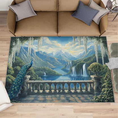 Peacock Rug Small - 2x3 Rug, Peacock Decor Washable Rugs for Living Room, Nature Waterfall Carpet, Natural Landscapes Non-Slip Area Rugs for Bedroom, Aesthetics Carpet - Peafowl Home Decor & Gifts