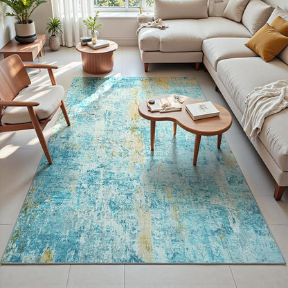 Area Rug 4x6 Teal Blue Rug Washable Boho Rugs Non Slip Low Pile Abstract Small Carpet for Entryway, Bedroom, Kitchen, Classroom, Kids Room, Office, Dorm, Dining Room