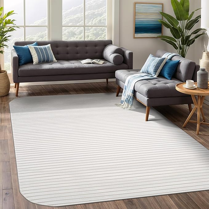 Beverly Rug Modern Geometric Area Rug 8x10 Low-High Pile Durable Soft Abstract Striped Indoor Rugs for Living Dining Room Office Stain Resistant Non Shedding Casual Indoor Carpet Beige White 8 x 10