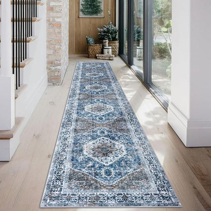 KOZYFLY Runners for Hallways 2x12 Ft Extra Long Washable Kitchen Runner Rug Boho Runner Rug for Entryway Indoor Blue Printed Oriental Faux Wool Stair Runner Floor Carpet Runner for Stair Kitchen Hall