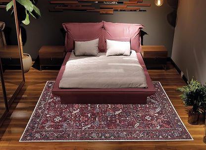 Bloom Rugs Washable Non-Slip 6' x 9' Rug - Burgundy Traditional Bordered Area Rug for Living Room, Bedroom, Dining Room, and Kitchen - Exact Size: 6' x 9'