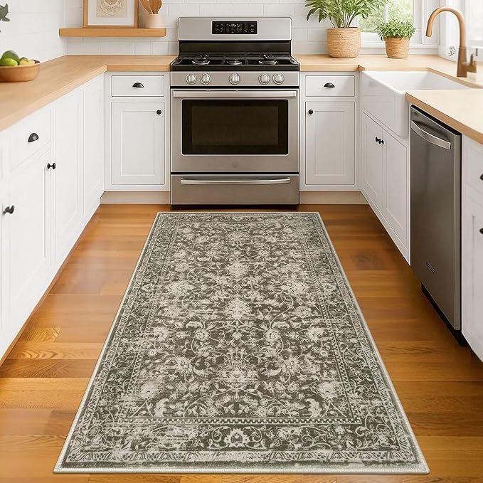 KILOCOCO Area Rug 3x5 Entryway Rug Washable Printed Vintage Floral Rubber Backed Non Slip Indoor Kitchen Rugs for Living Room Laundry Room Playroom Mudroom Moroccan Area Rugs, Taupe/Green