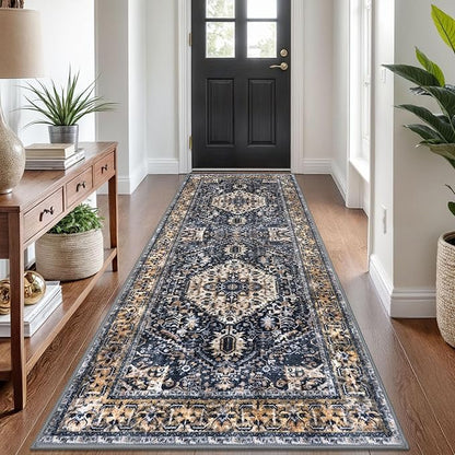 KOZYFLY Runners for Hallways 3x8 Ft Washable Kitchen Runner Rug Boho Runner Rug for Entryway Indoor Gold Navy Printed Oriental Faux Wool Floor Carpet Runner for Bedroom Kitchen Hall
