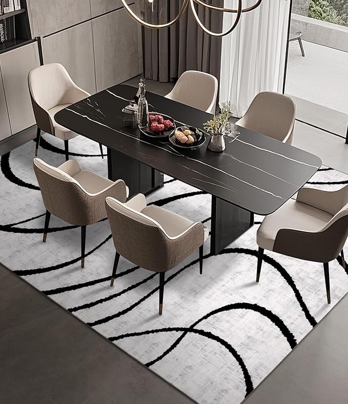 YIHOUSE Modern Area Rugs for Bedroom,5x7 Washable Black and White Rug, Thin Abstract Geometric Minimalist Striped Rug, Black Rugs for Bedroom,Kitchen,Dining Room Office