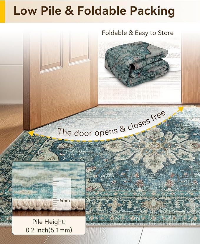 Area Rugs 7ft Washable Non-Slip, Floral Vintage Distress Print Pattern Medallion Carpet for Living Room Bedroom Dining Room, Dark Blue Vintage
