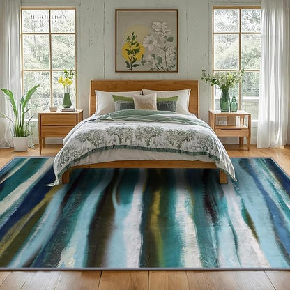 Abstract 6x9 Area Rug, Modern Stripe Pattern Teal Rugs for Living Room, Washable Soft Large Non-Slip Floor Carpet for Dining Room Office Bedroom - Teal/Multi