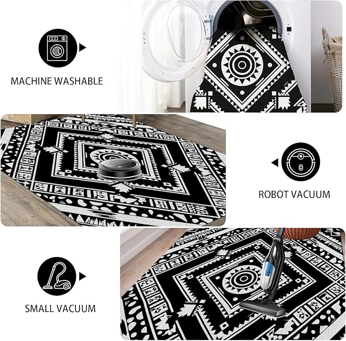 Area Rugs for Living Room 7x10, Moroccan Washable Low Pile Rug, Boho Neutral Farmhouse Ultra Soft Carpet for Bedroom Dining Room Home Decor, Geometric Print Tribal Carpets Black and White