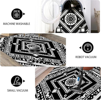 Area Rugs for Living Room 6x9, Moroccan Washable Low Pile Rug, Boho Neutral Farmhouse Ultra Soft Carpet for Bedroom Dining Room Home Decor, Geometric Print Tribal Carpets Black and White
