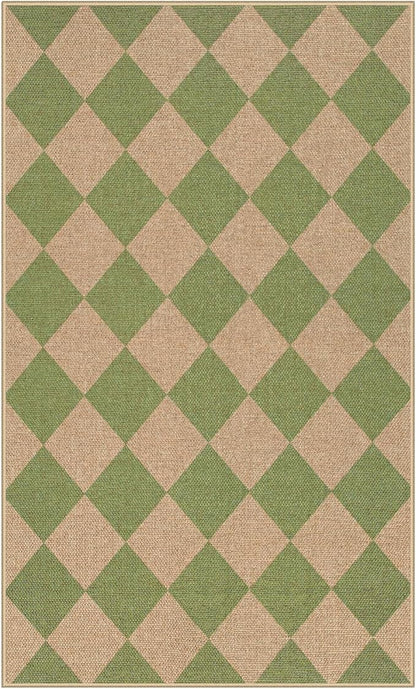 Lahome Green Checkered Easy Jute Rug, 3x5 Washable Outdoor Rug Neutral Rug for Entryway, Checkerboard Non Slip Non Shedding Floor Carpet for Living Room Front Door Porch