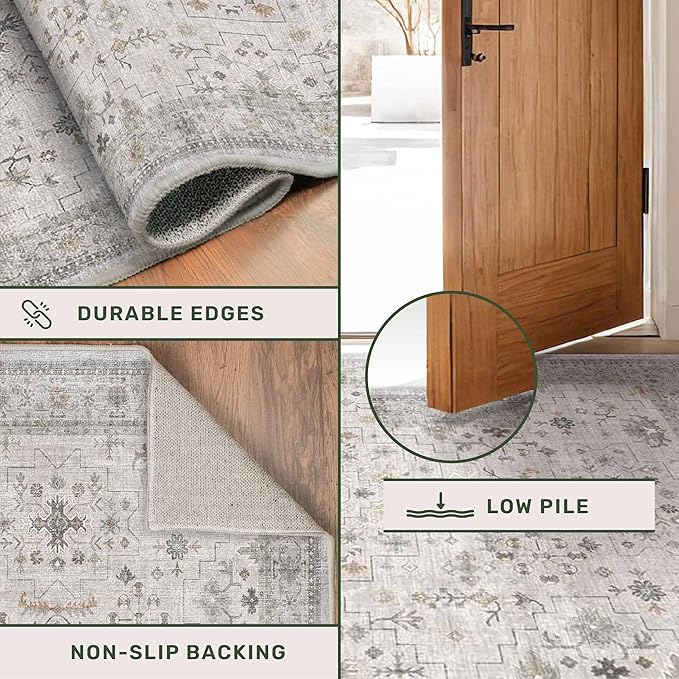 Light Gray Washable 2'6"x8' Wide Runner Rugs for Kitchen, Bathroom, Hallway, Non-Slip & Stain Resistant Long Floor Rug, Neutral Boho Floral Décor