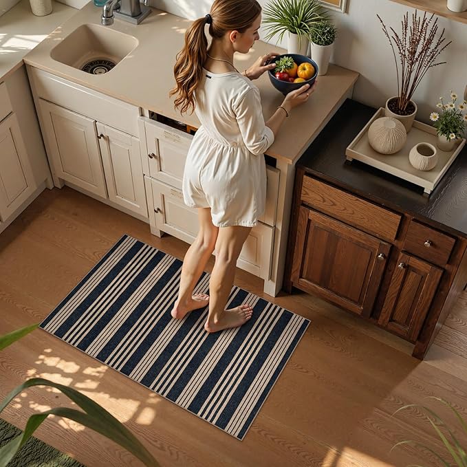Lahome Striped Easy Jute Front Door Mat, 2x3 Washable Kitchen Rug Small Indoor Outdoor Rugs for Entryway, Farmhouse Neutral Lightweight Non Slip Black Carpet for Foyer