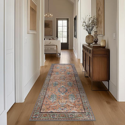Bavni Runner Rug, Machine Washable Rugs for Bedroom 2x10, Non Slip Boho Rugs with Rubber Backing, Ultra-Thin Folable Rug Runner for Hallways Bathroom, Terracotta/Blue