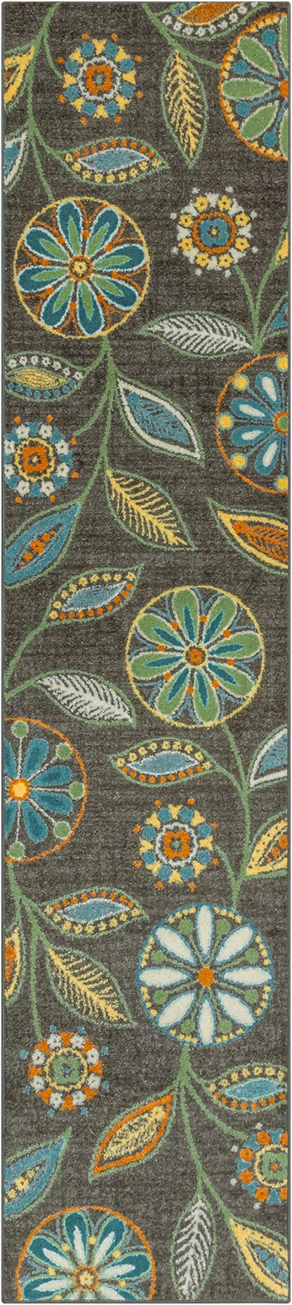 Maples Rugs Reggie Floral Runner Rug - Made in USA - Washable, Non Slip Indoor Carpet for Kitchen, Hallway, and Laundry Room, 2' x 9', Dark Grey