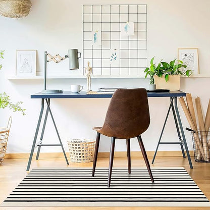KOZYFLY Black and Beige Striped Porch Rug 2x4.3 Ft Washable Outdoor Rug Farmhouse Outdoor Doormats Front Door Striped Runner Rug for Front Door Kitchen Hallway Bedroom Laundry Room
