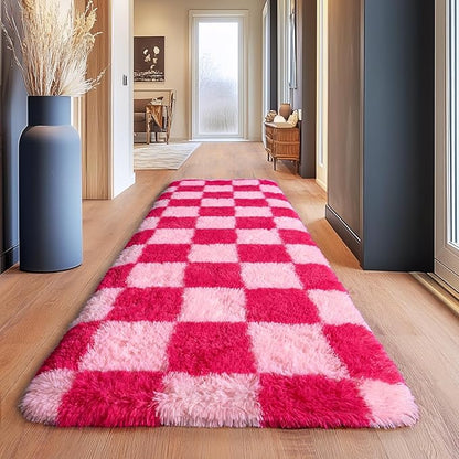 Fluffy Area Rugs for Living Room, Soft Shaggy Carpets for Living Room, Upgrade Anti-Slip Fuzzy Rugs for Kids' Room, Perfect Decor for Modern Home Hot Pink Grid 2x6 Feet