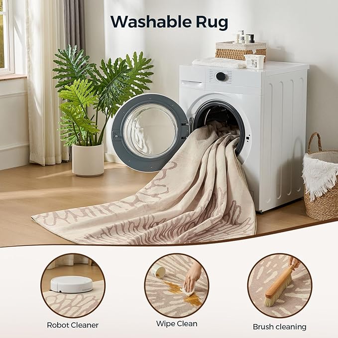 WITSHOCK 7x9 Area Rugs for Living Room: Beige Floral Washable Rugs for Bedroom Dining Room Office Nursery Modern Non-Slip Stain Resistant Low Pile Home Decor（Beige/Brown,7'x9'）