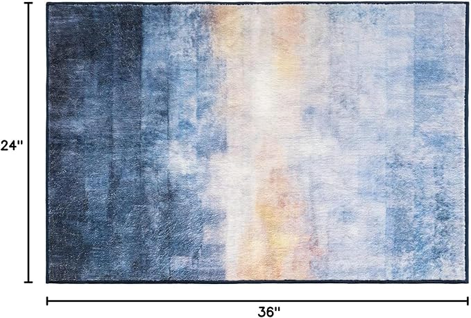 Phantoscope Washable Runner Rug 2'x3' Non-Slip, Vintage Boho Hallway Rugs for Entryway, Stair, Bedroom, Dining Room, Distressed Sunrise Pattern, Low-Pile Foldable Floor Carpet, Navy Blue/Beige