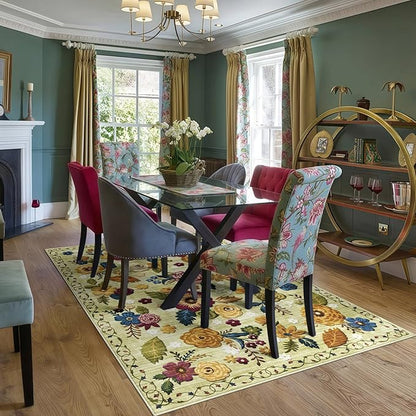 4x6 Machine Washable Area Rug for Living Room, Green Vintage Boho Floral Rug Large Non-Slip Low Pile Soft Faux Wool Carpet, Kids and Pets Friendly for Bedroom Dining Room Farmhouse Home Decor Rug