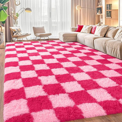 Area Rugs for Living Room, Soft Shaggy Carpets for Living Room, Fuzzy Rugs for Kids' Room, Perfect Decor for Modern Home Hot Pink Grid 5x7 Feet