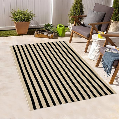 Outdoor Striped Rugs 3'x5', Black and Tan Cotton Hand Woven Front Door Mat,Washable Reversible Front Porch Rug, Foldable Layered Door Mats for Entryway/Home Entrance/Farmhouse