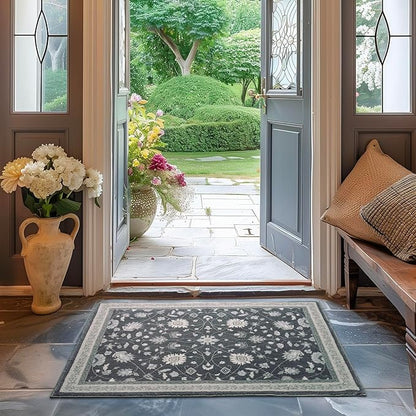 EVERGRACE Area Rugs for Entryway 2x3, Boho Floral Faux Wool Indoor Outdoor Small Rugs, Washable Rugs for Bedroom Bathroom Laundry Doormat, Low Pile Floor Mat Carpet for Home Decor, Ebony Black
