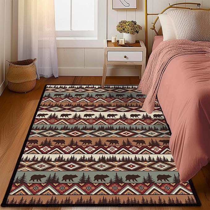 Rustic Cabin Wildlife Area Rug 3x5 Washable Bedroom Rug,Bear Moose Deer Country,Farmhouse Throw Rugs Non Slip Area Carpet Small Floor Carpets Mat for Entryway,Living Room,Laundry,Office
