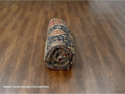 Carbon Black with Turkey Red Karjihooz Design with All Over Pattern Vegetable Dyes Pure Wool Soft Pile Hand Knotted Oriental Rug (9'x12')