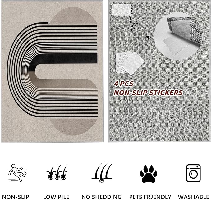 Modern Washable Rug for Living Room 6x8, Boho Abstract Striped Area Rugs, Soft Non Slip Low Pile Farmhouse Carpet for Bedroom Dining Room Kitchen, Stain Resistant, Pet Friendly, Beige Black