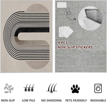 Modern Washable Rug for Living Room 5x6, Boho Abstract Striped Area Rugs, Soft Non Slip Low Pile Farmhouse Carpet for Bedroom Dining Room Kitchen, Stain Resistant, Pet Friendly, Beige Black
