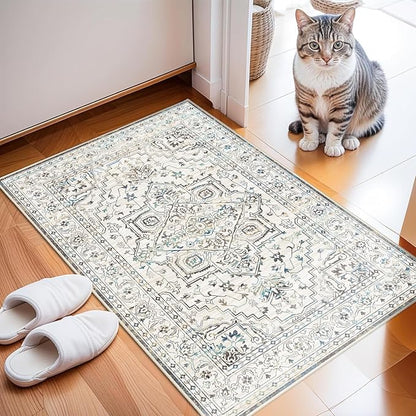 Enkor Area Soft Rugs 2x3 Washable Non Slip Boho Small Floor Entryway Rugs for Hallway, Vintage Style Farmhouse Mat for Kitchen White & Grey